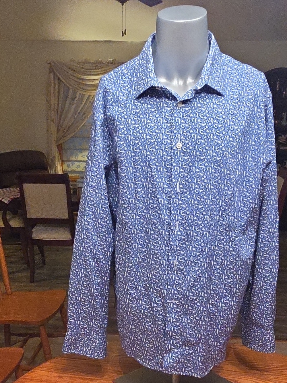 Egara Navy & White Micro-Print Long-Sleeve Dress Shirt